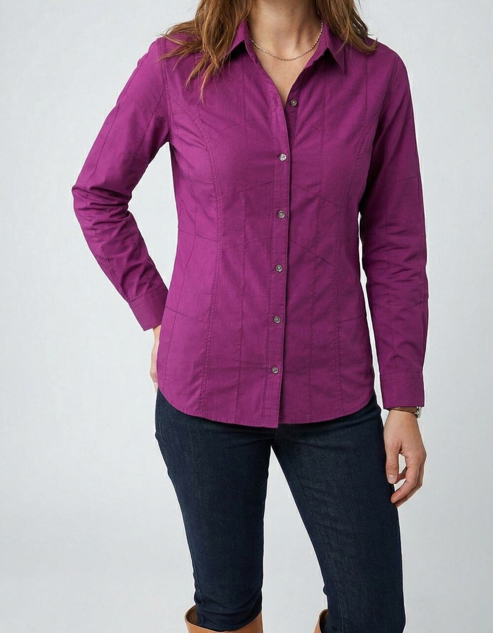 Cabela's Womens Medium Purple Button Front Shirt 100% Nylon Roll Tab Sleeves